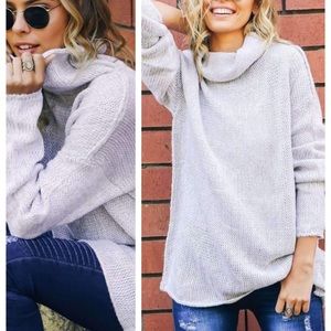 Grey oversized cowl neck knitted sweater thumbhole